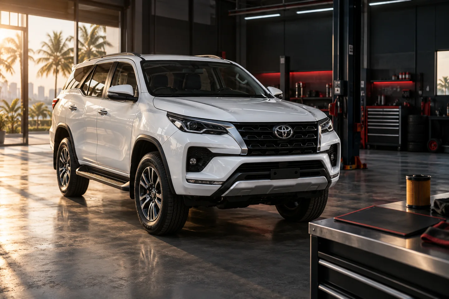 Toyota Fortuner blanca junto a un banco de revisión en un taller: ilustración del mantenimiento y su cotización