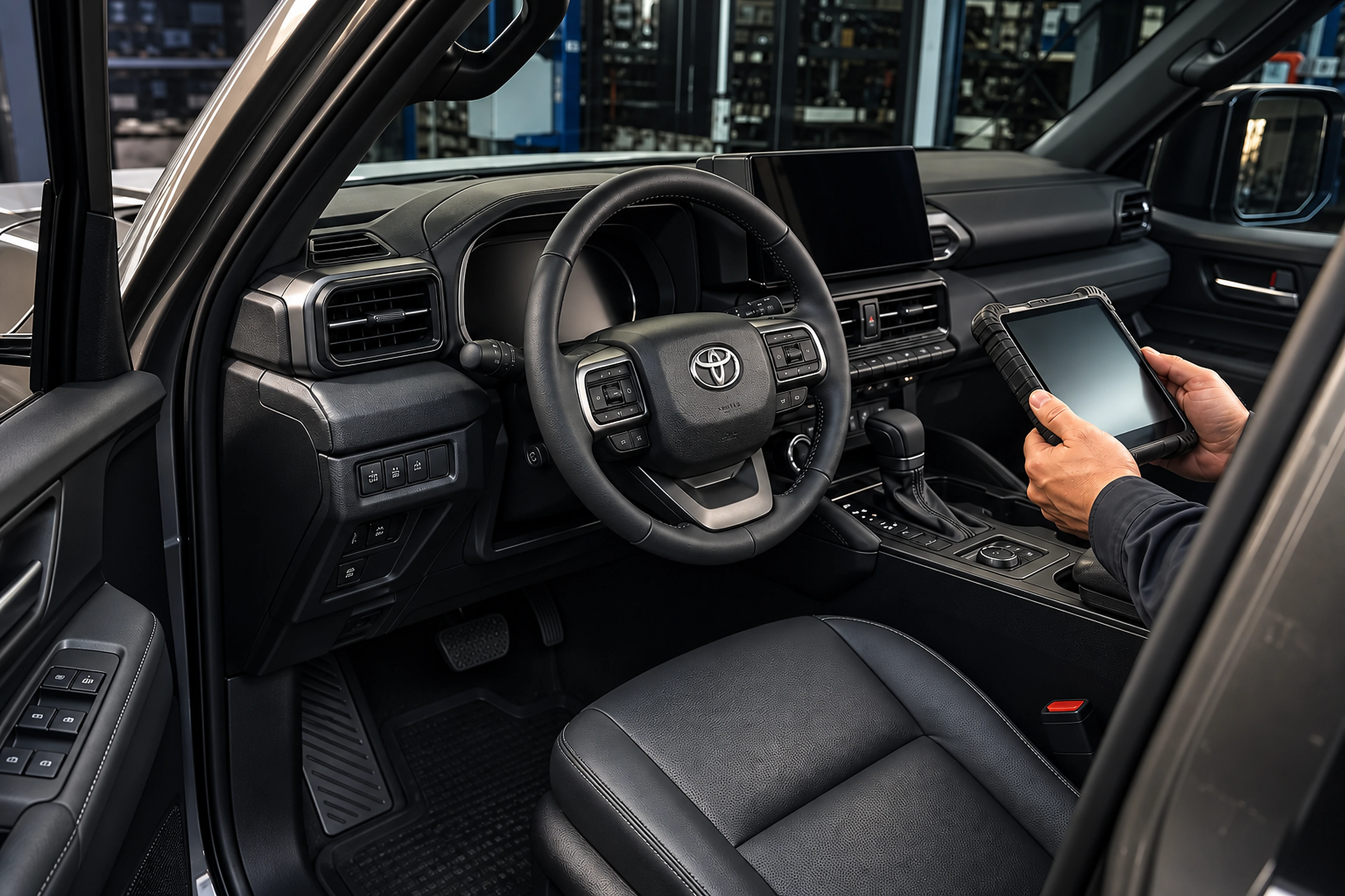 Diagnóstico del interior de un Toyota Land Cruiser Prado con emblema visible en el volante