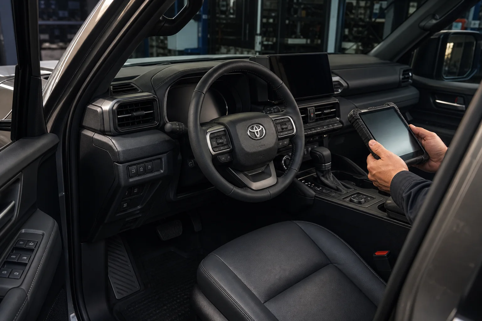Diagnóstico del interior de un Toyota Land Cruiser Prado con emblema visible en el volante