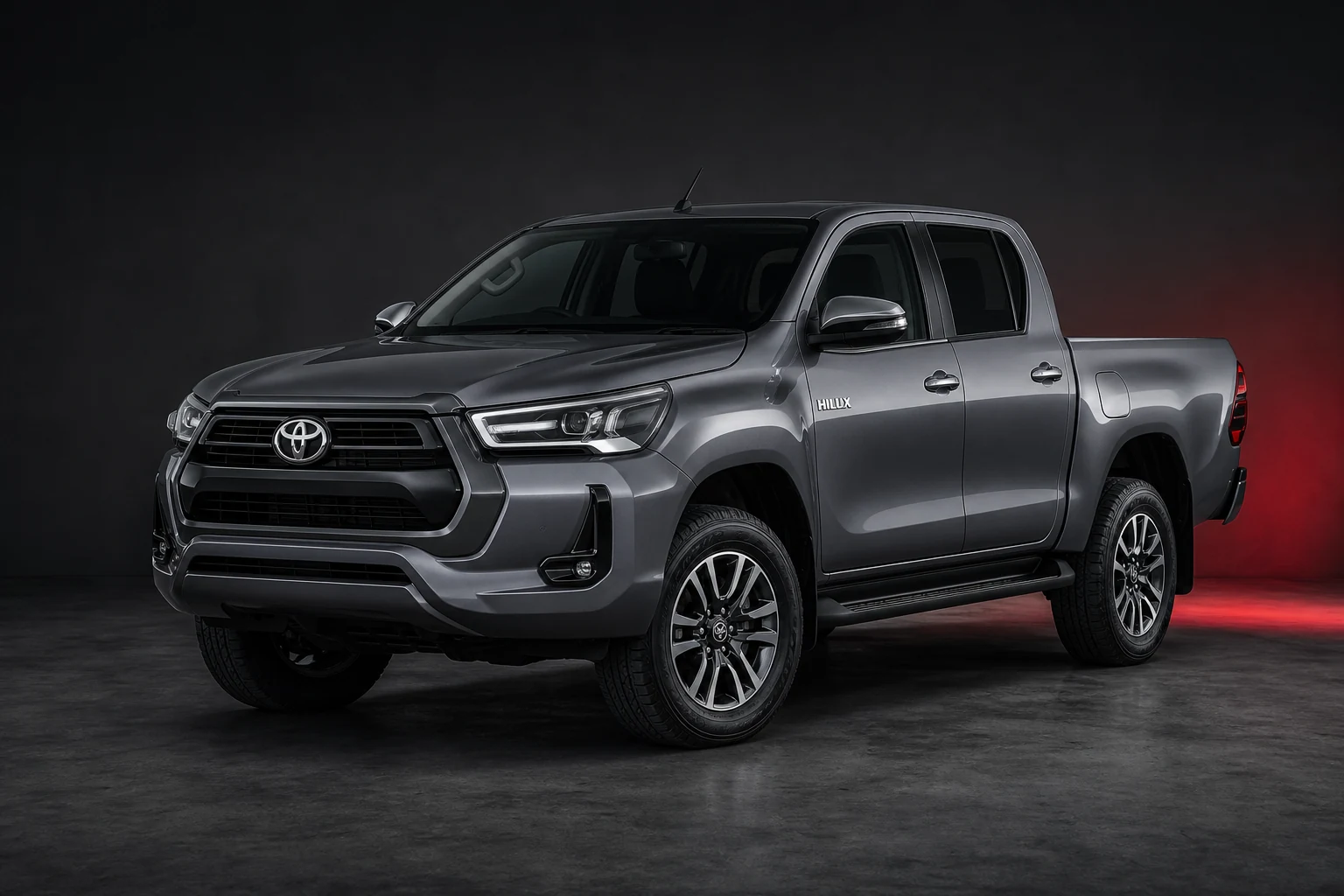 Toyota Hilux gris en fotografía de catálogo con el emblema Toyota visible