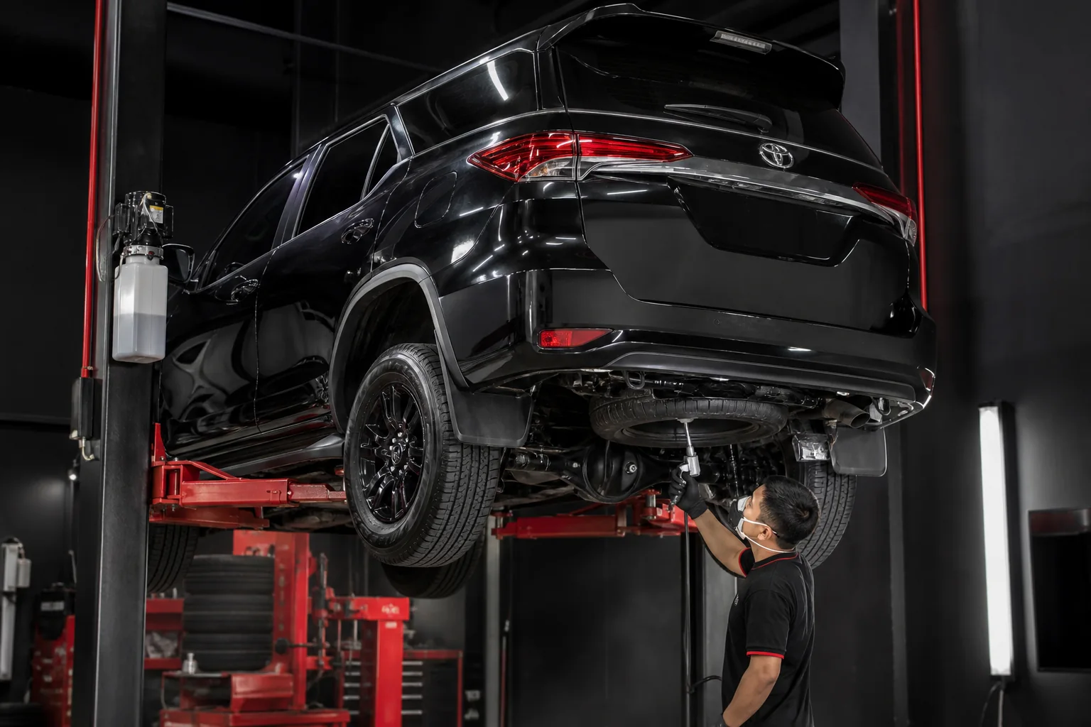 Técnico aplicando protección anticorrosiva en los bajos de un Toyota