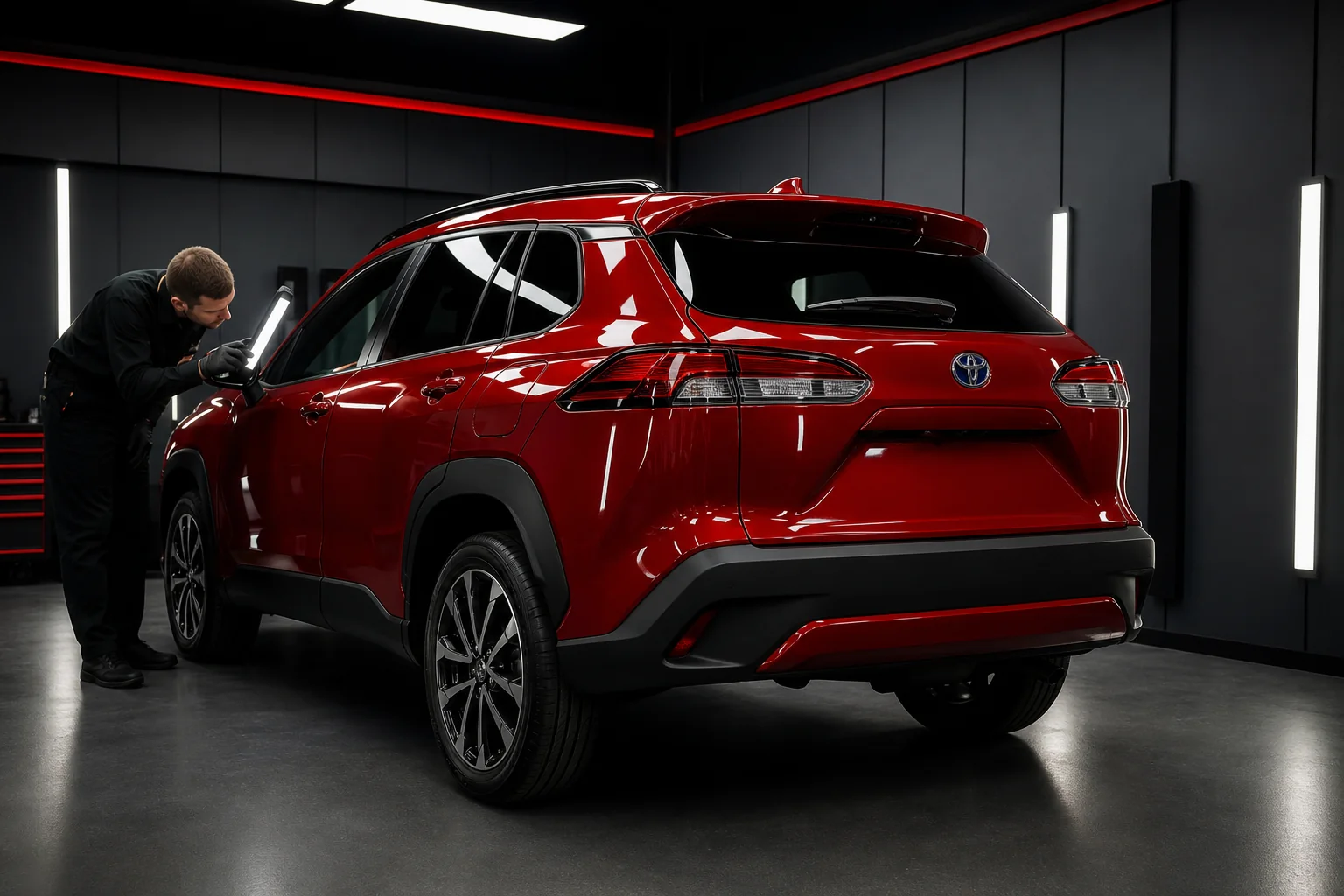 Toyota Corolla Cross roja durante una inspección profesional de pintura