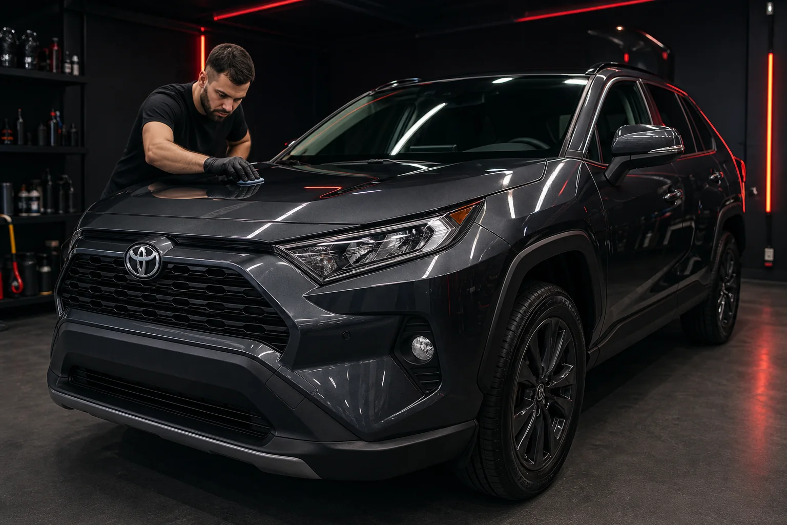 Toyota negro durante la aplicación de recubrimiento cerámico