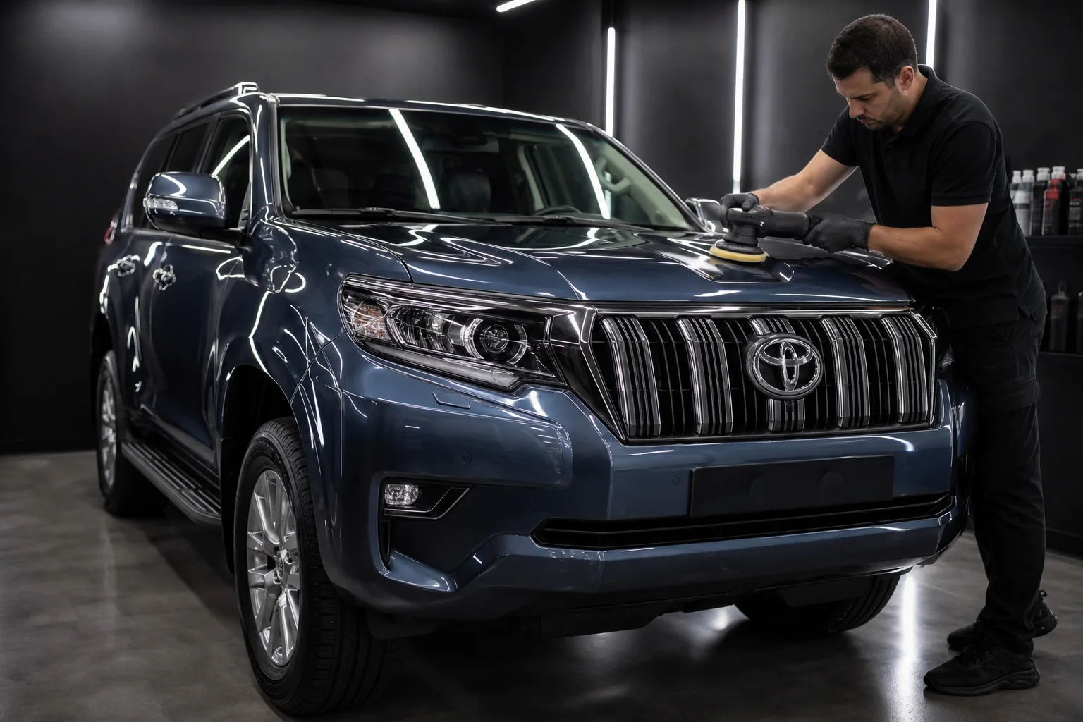 Toyota Land Cruiser Prado azul durante un pulido profesional