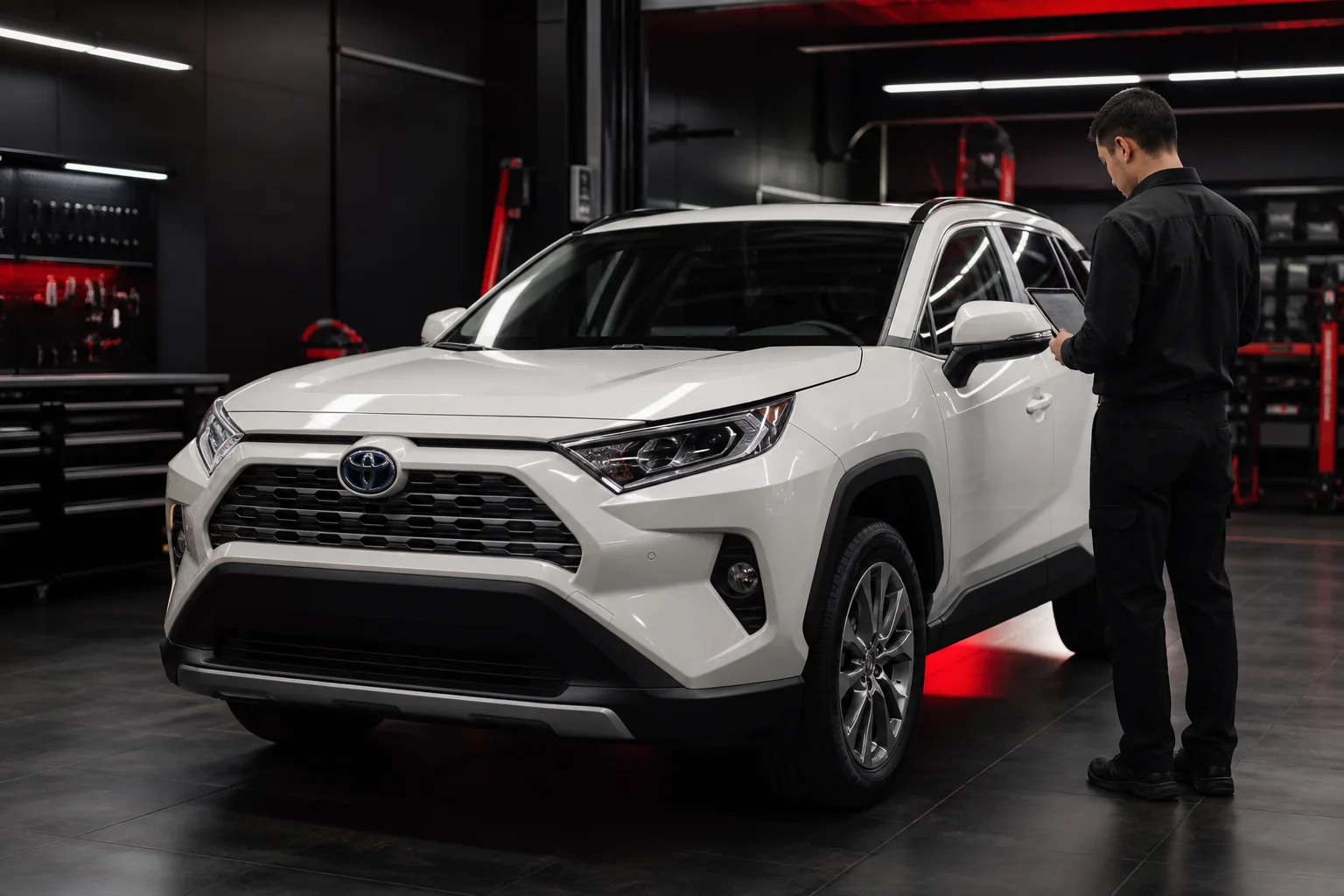 Toyota RAV4 blanca con el emblema visible durante una inspección de mantenimiento