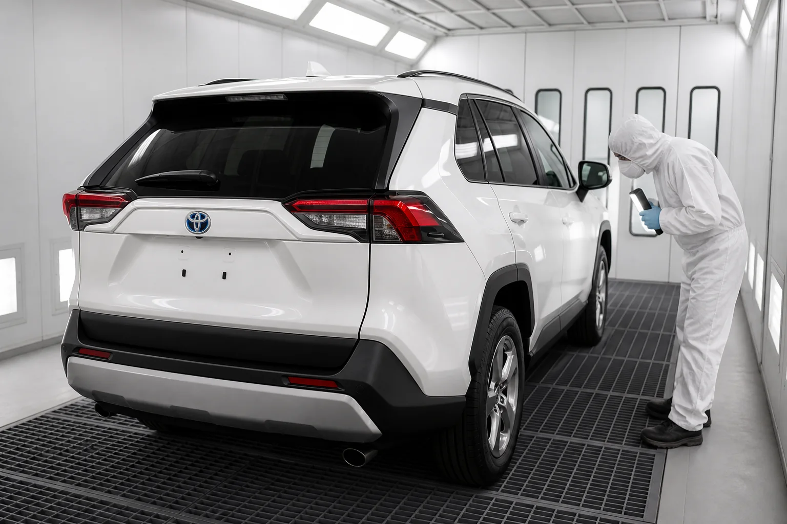 Toyota RAV4 blanca durante una inspección de carrocería y pintura