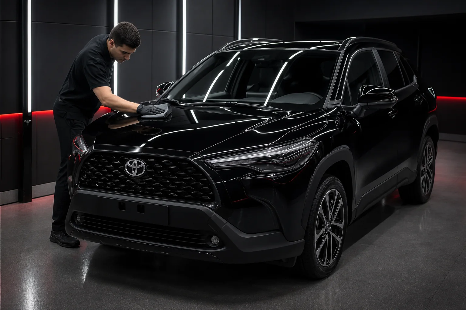 Toyota Corolla Cross negra durante un cuidado profesional de pintura