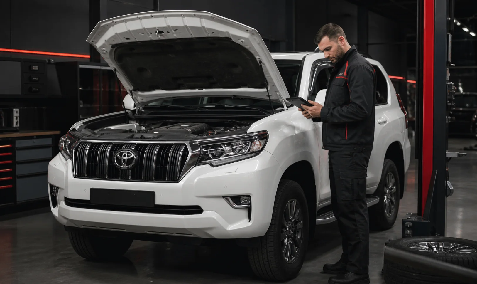 Toyota Land Cruiser Prado blanca durante un diagnóstico avanzado