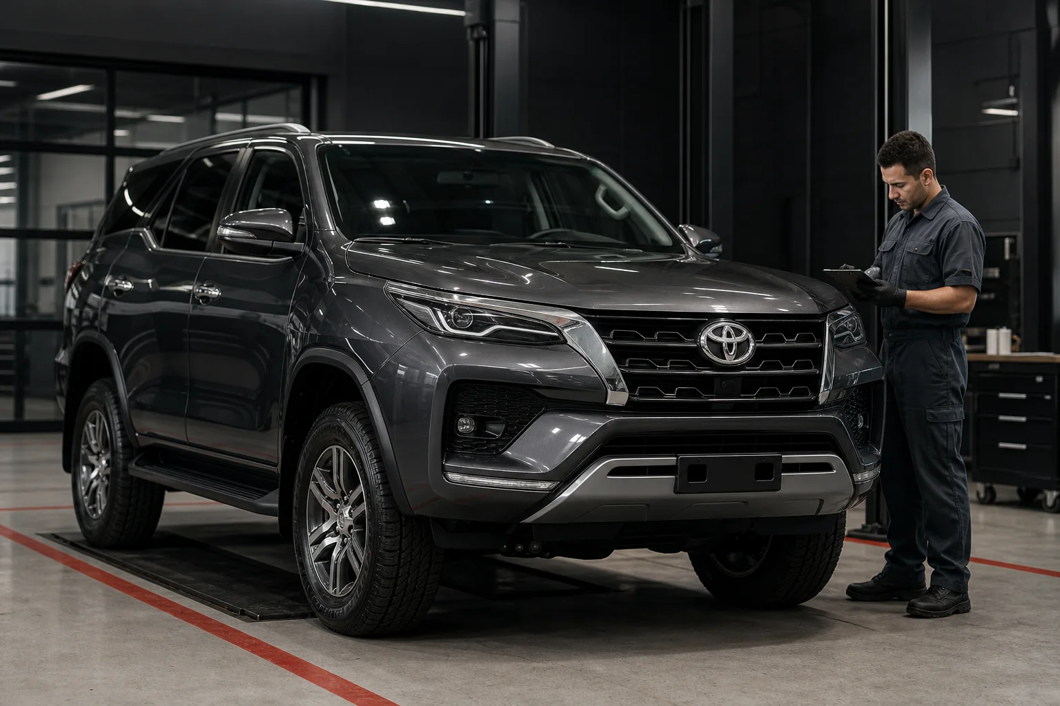 Toyota Fortuner gris con emblema visible durante una inspección de mantenimiento