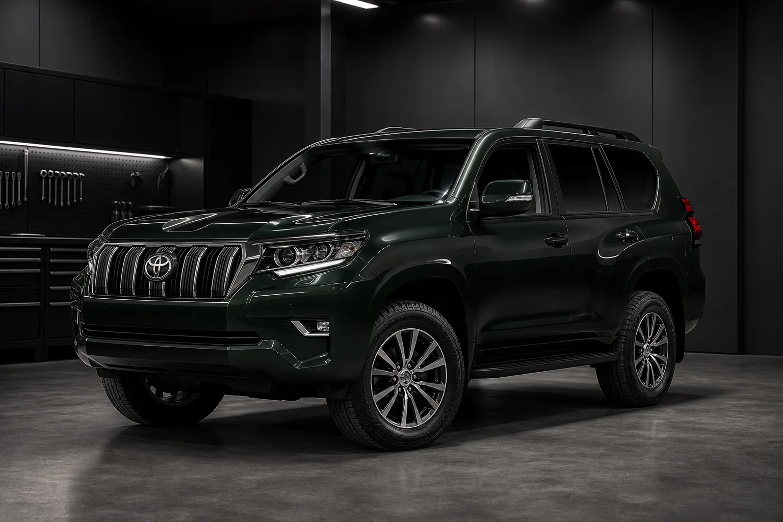 Toyota Land Cruiser Prado verde con rines y modificaciones integradas